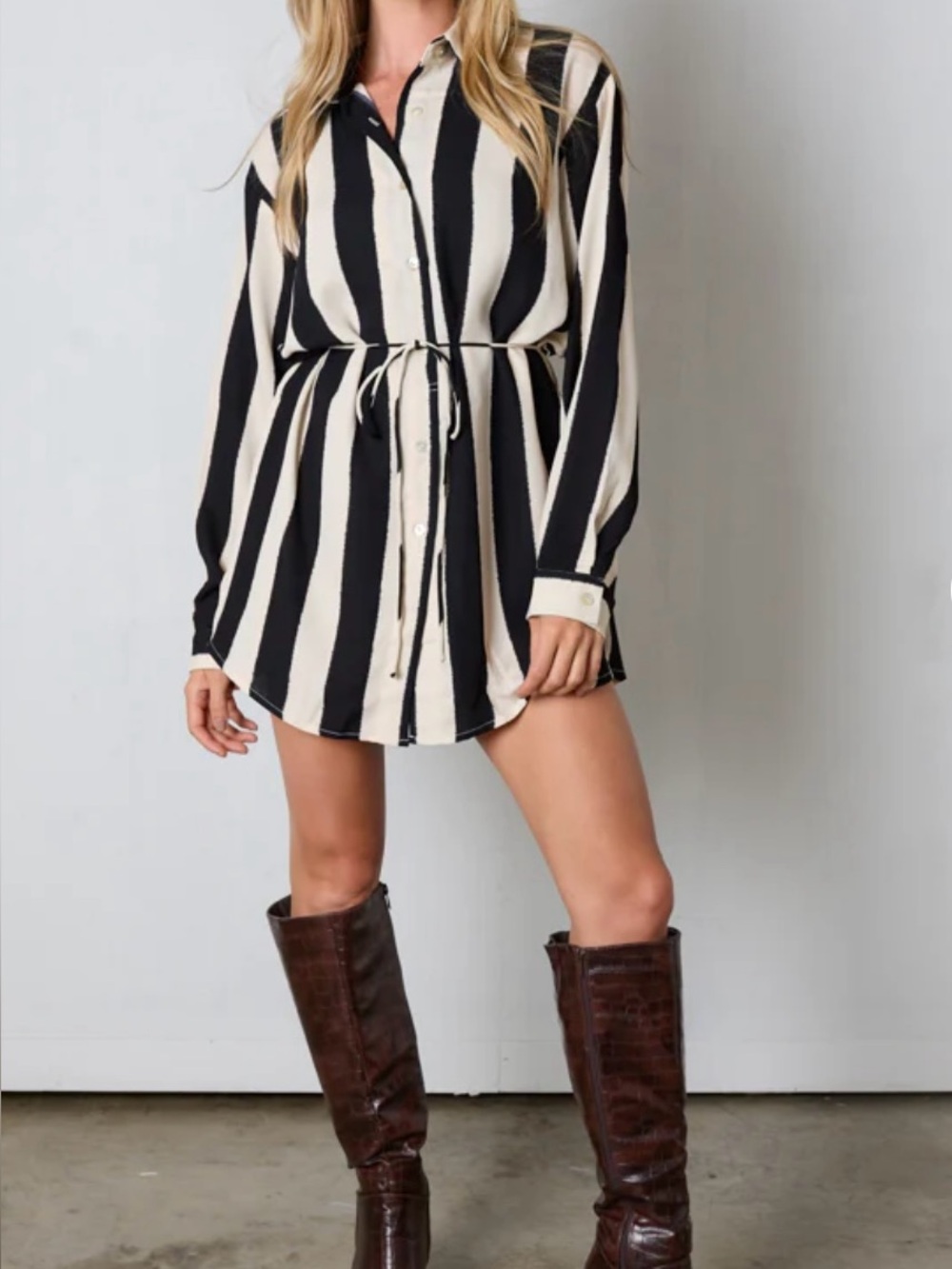 vestique Black & Cream Striped Shirt Dress/Romper
